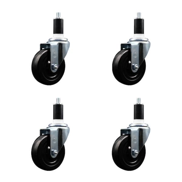 4'' SS Hard Rubber Wheel Swivel 1-3/8'' Expanding Stem Caster Set, 4PK